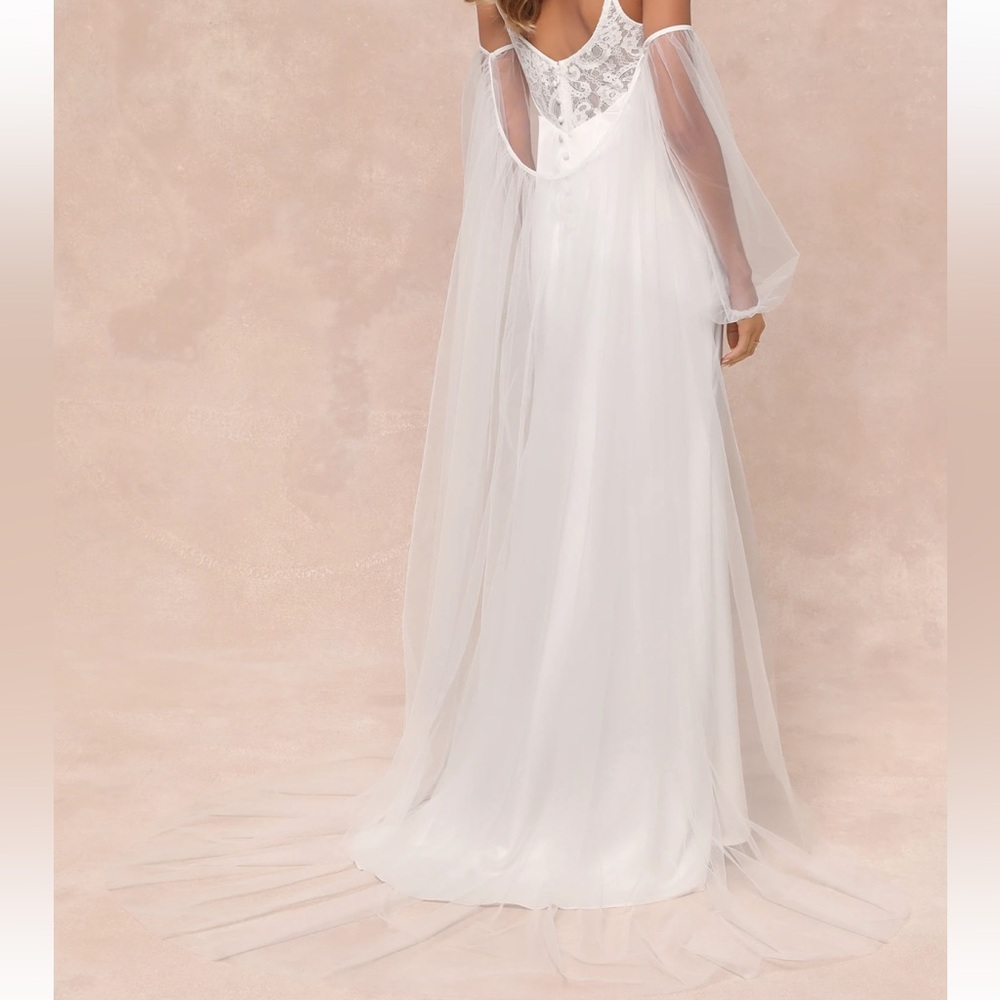 Lulu's White Lace & Tulle Bridal Gown with Sheer Cape Sleeves